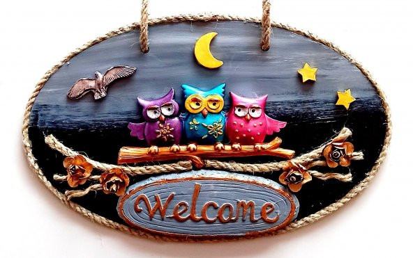 Renkli Baykuşlu Welcome Yazılı El Yapımı Kapı Süsü ürün görseli 1