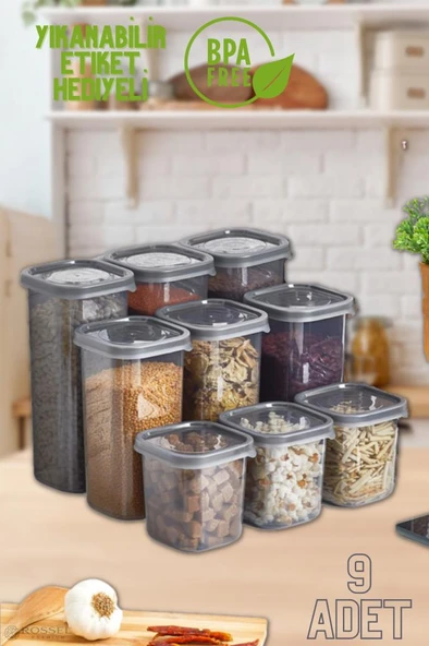 Rossel Premium Lüks Füme 9'lu Erzak Saklama Kabı Etiket Hediyeli ürün görseli 1
