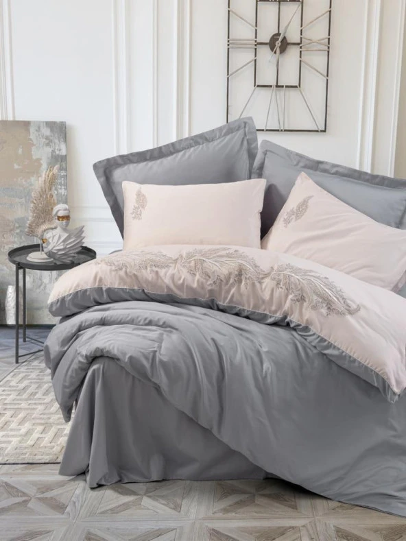 Cotton Box Brode Nakışlı Çift Kişilik Saten Nevresim Takımı Sheen Gri ürün görseli 1