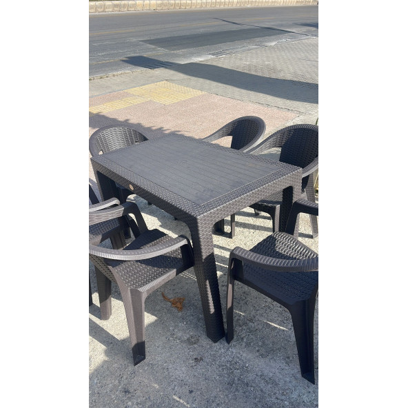 Rattan efektli Plastik Sabit Masa 70x120 + 6 Adet Kollu rattan efektli Plastik Sandalye Mobilya ürün görseli 1