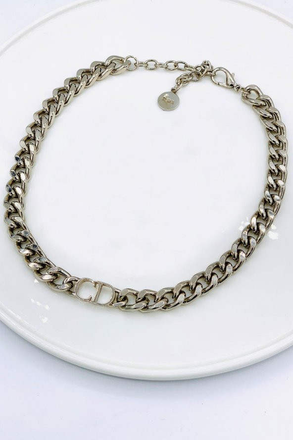 Kadın Gold Cd Harfli Christian Dior Model Kalın Zincir Kolye Gümüş Renk - 336 ürün görseli 1