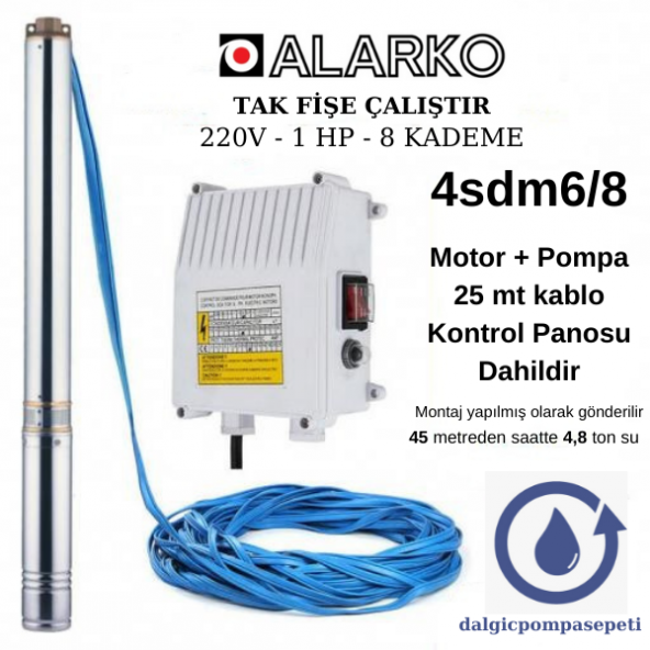 Alarko 4SDM6/8 Dalgıç Pompa Set Halinde - 25 mt Kablolu - Panolu - Monofaze (220V) ürün görseli 1