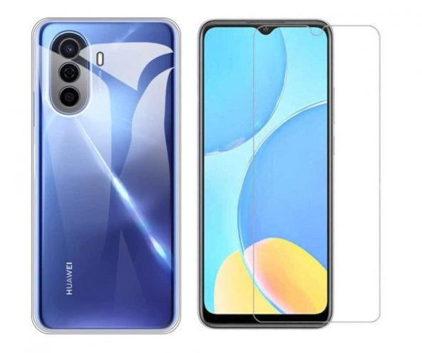 Huawei Nova Y70 Kılıf Şeffaf Kamera Korumalı Silikon Kapak + Cam ürün görseli 1