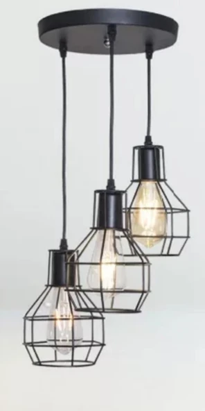 Retro Metal Siyah 3 Lü Dekoratif Kafes Rustik Sarkıt Avize 30 cm ürün görseli 1