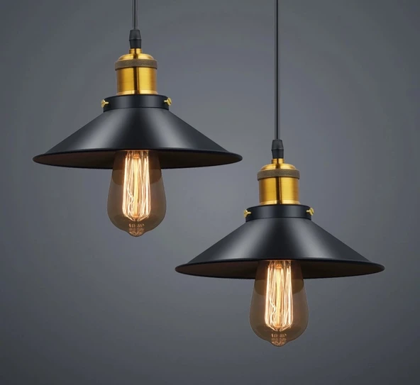 Retro Ikili  Siyah Yuvarlak Metal Sarkıt Avize 30 cm En ürün görseli 1