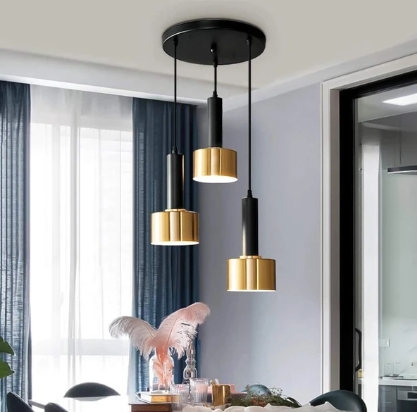 Rsylight Retro Metal Rustik Siyah Gold 3 Lü Dekoratif Sarkıt Avize Çap:30 Cm ürün görseli 1