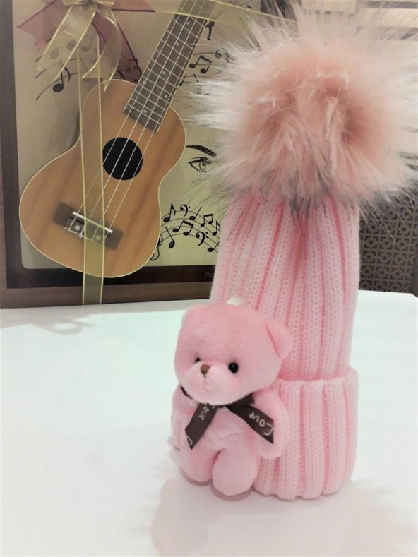 Peluş Ayıcıklı Ponponlu Çocuk Beresi  PEMBE ürün görseli 1