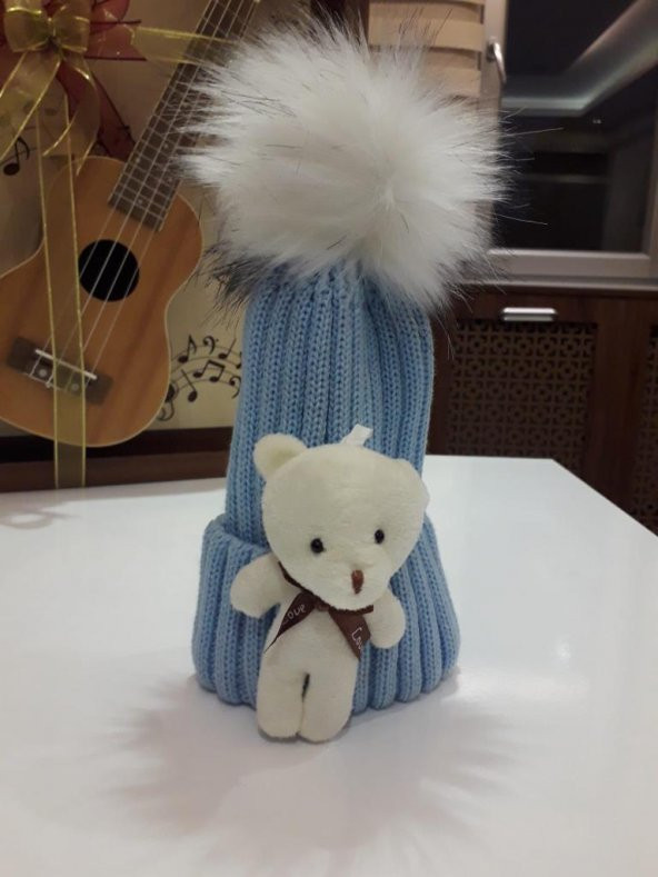 Peluş Ayıcıklı Ponponlu Çocuk Beresi  MAVİ ürün görseli 1