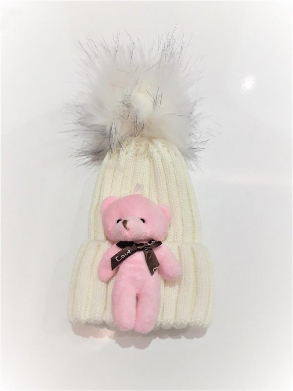 Peluş Ayıcıklı Ponponlu Çocuk Beresi  Beyaz ürün görseli 1
