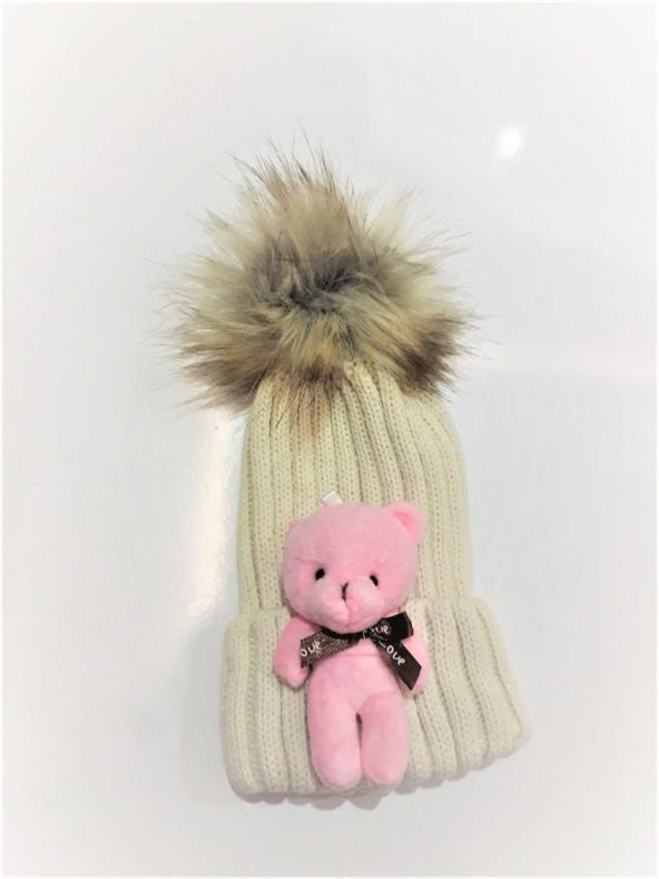 Peluş Ayıcıklı Ponponlu Çocuk Beresi  Krem - Resim 2
