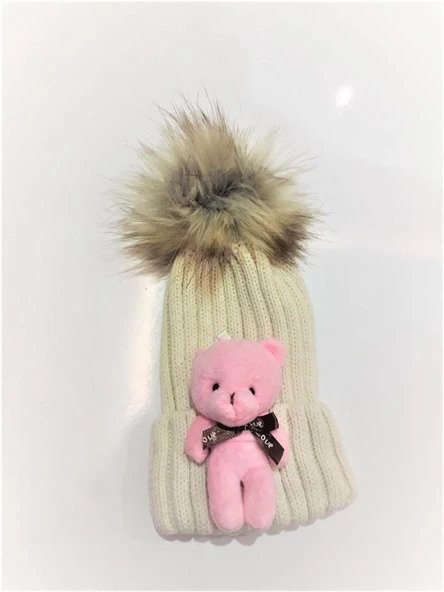 Peluş Ayıcıklı Çocuk Beresi 2 - 8 Yaş  Krem - Resim 2