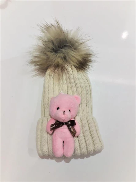 Peluş Ayıcıklı Çocuk Beresi 2 - 8 Yaş  Krem - Resim 4