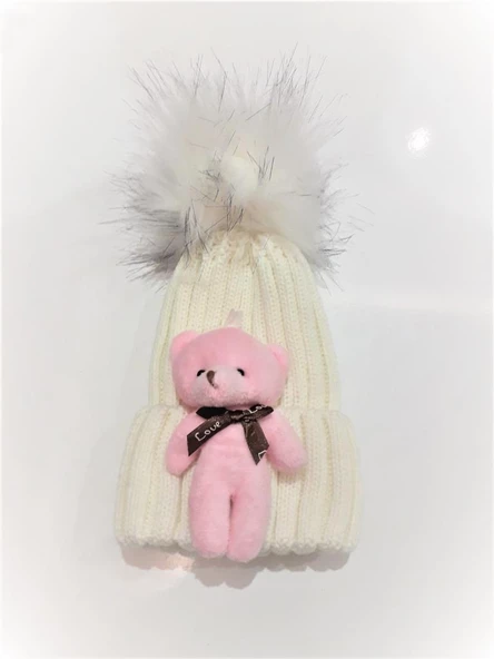 Peluş Ayıcıklı Çocuk Beresi 2 - 8 Yaş  Beyaz ürün görseli 1
