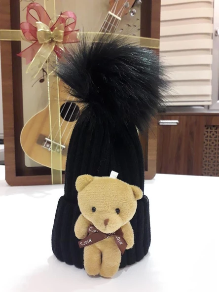 Peluş Ayıcıklı Çocuk Beresi 2 - 8 Yaş  Siyah ürün görseli 1