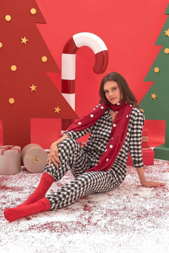 Siyah Beyaz  Pötikare Gömlekli Pijama Takım ürün görseli 1