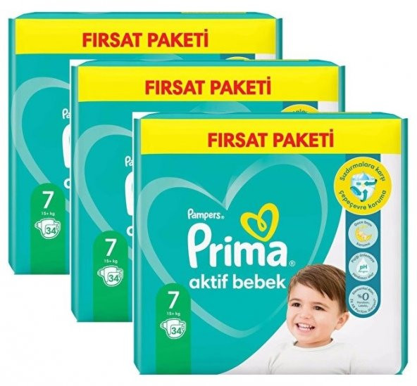 Prima Bebek Bezi Aktif Bebek 7 Beden 102 Adet 34x3 Paket Fırsat Paketi ürün görseli 1