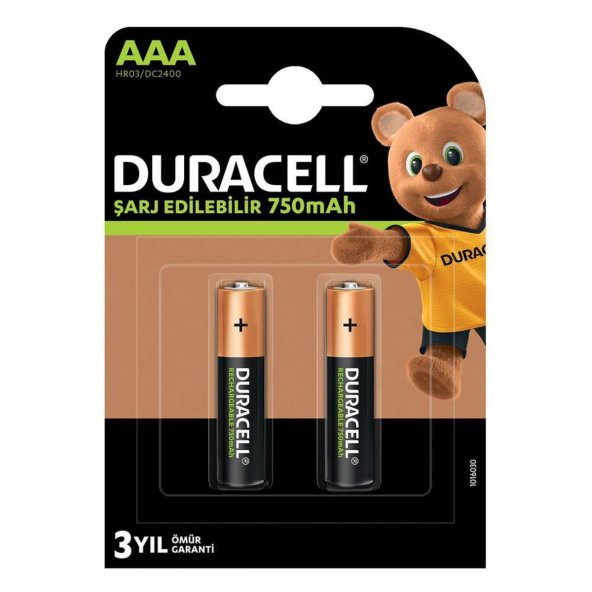 Duracell HR03 1.2V 750mAh AAA Şarj Edilebilir İnce Kalem Pil 2li Paket ürün görseli 1