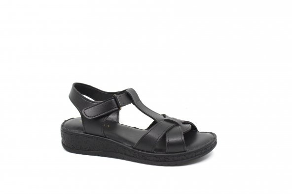 Zerhan G1015 Kadın Siyah Cırtlı Yumuşak Taban Comfort Sandalet Ayakkabı ürün görseli 1