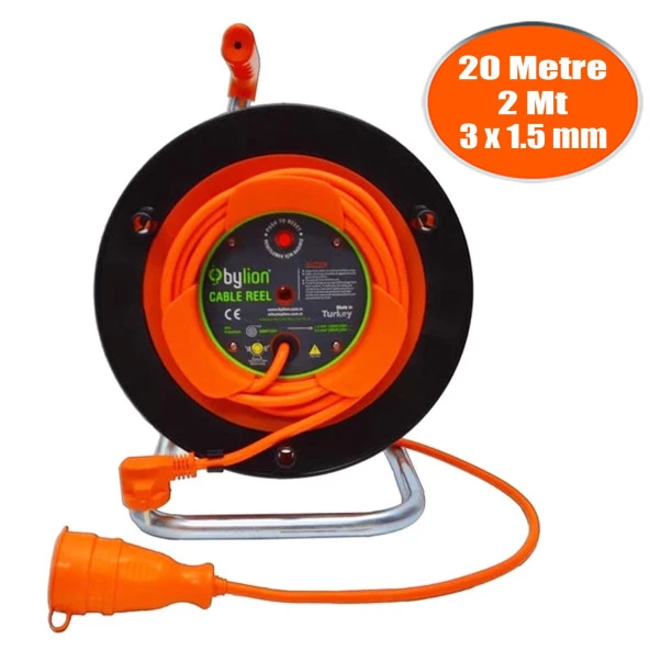 Bylion Cca Kablo Seyyar Makaralı Uzatma Kablosu Çim Biçme Makinesi Uyumlu Dişi Fişli Termal Sigortalı 3x1.5 20 Metre+2 Metre ürün görseli 1