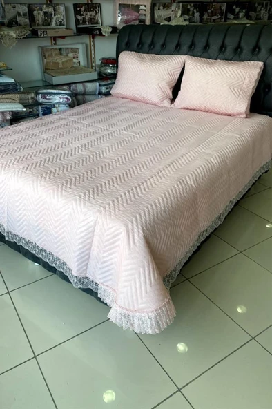 Carilla Kapitoneli Fransız Güpürlü Yatak Örtüsü Pudra ürün görseli 1