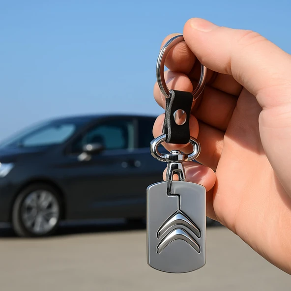 Citroen Logolu Deri Krom Oto Araba Anahtarlık ürün görseli 1
