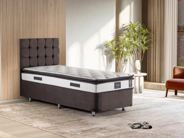 Niron King Yatak Seti 100x200 Tek Kişilik Yatak Baza Başlık Takımı Füme ürün görseli 1