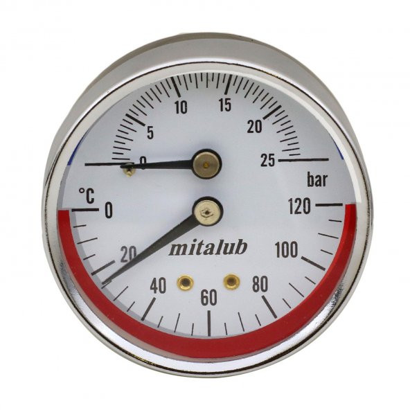 Mitalub 63 mm 25 Bar Arkadan Çıkışlı Metal Manometre 1/4" Bağlantı Termometreli Basınç Ölçer ürün görseli 1