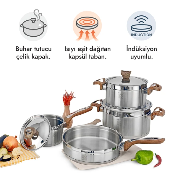 Serenk Definition 7 Parça Çelik Tencere Seti - 18/10 Paslanmaz Çelik, Kapsül Taban 6