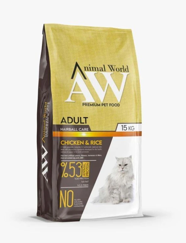 Animal World Hairball Care Tüy Yumağı Önleyici Tavuklu ve Pirinçli Yetişkin Kedi Maması 15kg ürün görseli 1