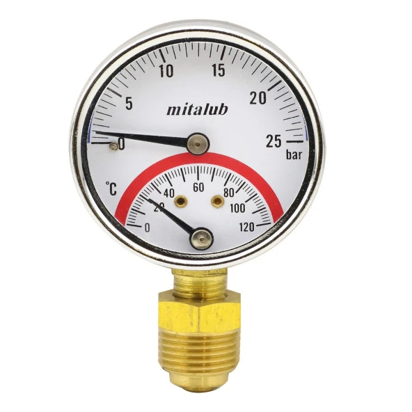 Mitalub 63 mm 25 Bar Alttan Çıkışlı Metal Manometre 1/4" Bağlantı Termometreli Basınç Ölçer ürün görseli 1