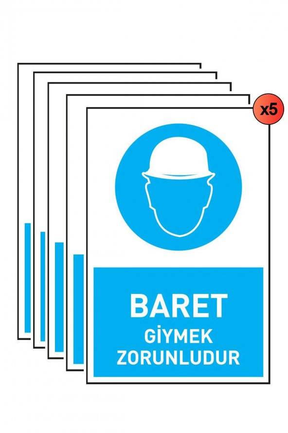 İş Güvenliği 5 Adet Levhası Baret Giymek Zorunludur Uyarı - İşaret Levhası(Bant Hediye) ürün görseli 1