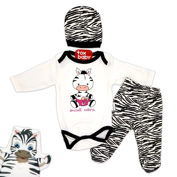 (3 Parça) Zebra Baskılı Badili Beyaz Bebek Takım (3,6 Ay) ürün görseli 1
