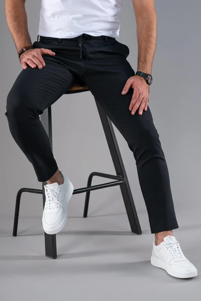 SLİMFİT DAR PAÇA BELİ İPLİKLİ DOKULU KIŞLIK KUMAŞ PANTOLON ürün görseli 1