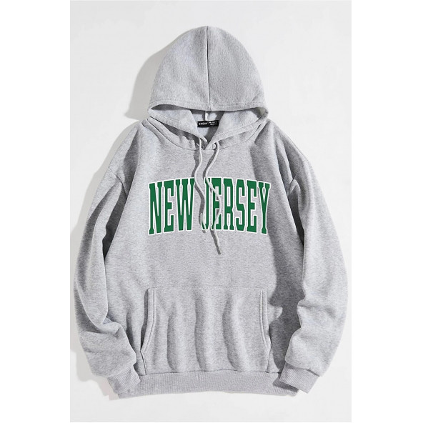 Unisex Oversize Gri New Jersey Baskılı Kapüşonlu Sweatshirt M Beden ürün görseli 1