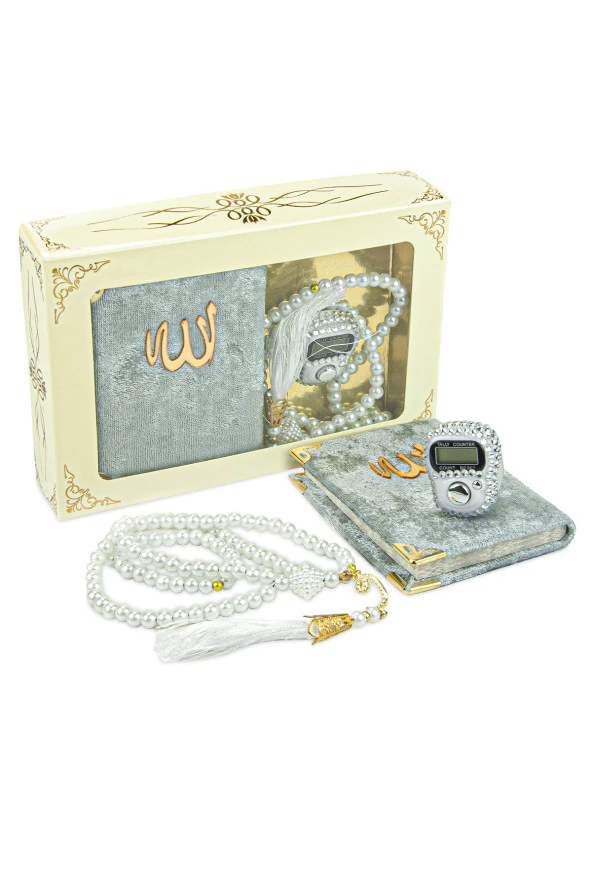 Taşlı Zikirmatik - Mini Kadife Yasin - İnci Tesbihli Hediyelik Set - Gri Renk ürün görseli 1