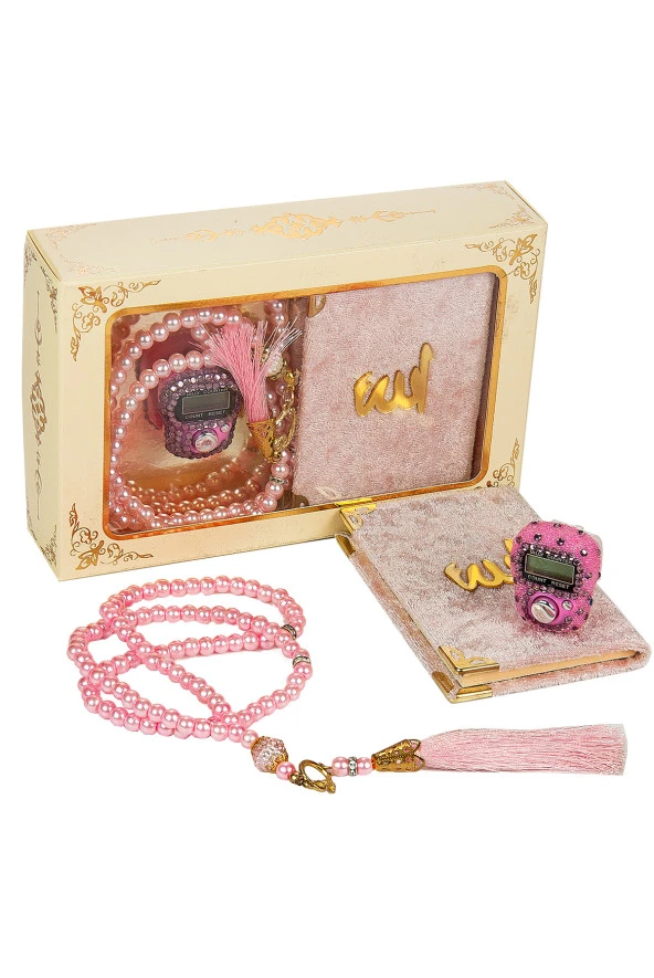 Taşlı Zikirmatik - Mini Kadife Yasin - İnci Tesbihli Hediyelik Set - Pembe Renk ürün görseli 1