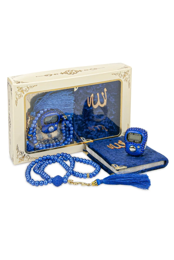 Taşlı Zikirmatik - Mini Kadife Yasin - İnci Tesbihli Hediyelik Set - Lacivert Renk ürün görseli 1