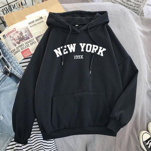 Unisex Oversize Siyah New York 199X Baskılı Kapüşonlu Sweatshirt L Beden ürün görseli 1