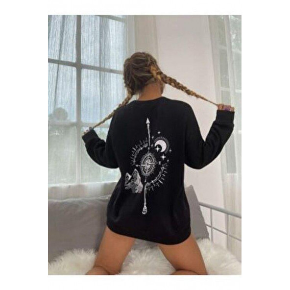 Oversize Siyah Pusula Sırt Baskılı Sweatshirt S beden ürün görseli 1