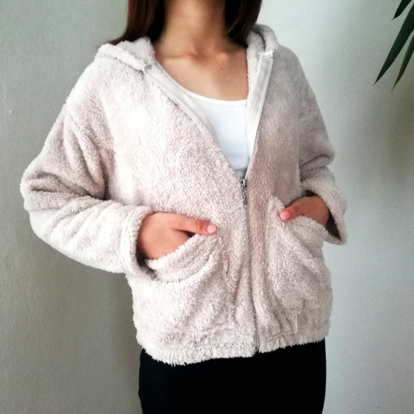 Taş Rengi Yumuşacık Peluş Kapşonlu Fermuarlı Sweatshirt Hırka L Beden ürün görseli 1