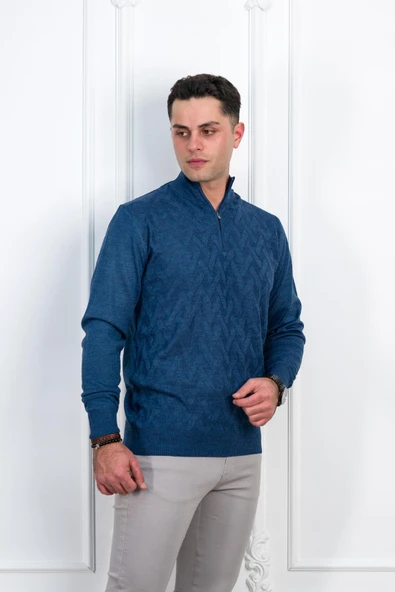 WOOLEN WORLD FERMUARLI YARIM BALIKÇI REGULAR FİT DESENLİ ERKEK KAZAK ürün görseli 1