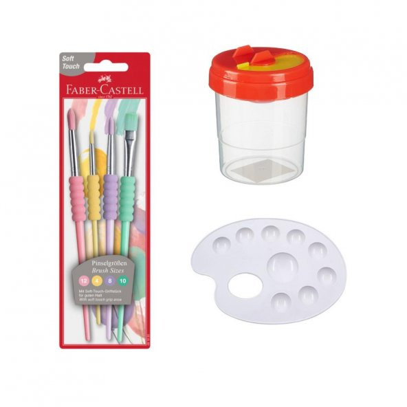 Fırça Seti 4 lü Pastel Renkli Fırça Temizleme Kabı ve Resim Paleti 1 Adet Faber Castell Fırça Takımı ve Resim Paleti Su Kabı ürün görseli 1