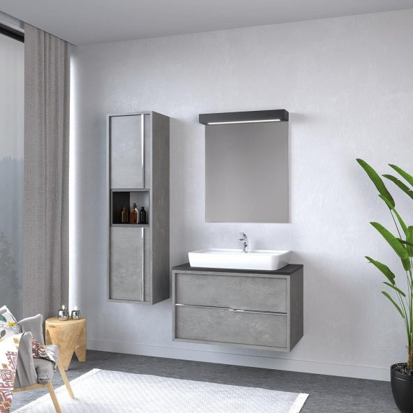 Denko Matia 80 cm MDF Retro Gümüş Banyo Dolabı Takımı ve Boy Dolabı ürün görseli 1
