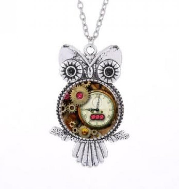Saat Tasarımlı Metal Vintage Baykuş Kolye ürün görseli 1