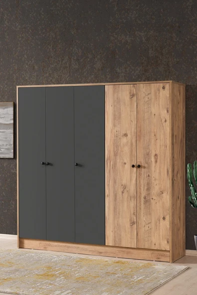 AEKA Ae-3059 Diva 5 Kapaklı Çok Amaçlı Askılıklı Raflı Bölmeli Atlantik Çam Ve Antrasit Gardırop 180 Cm ürün görseli 1