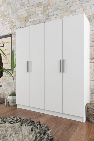 AEKA Ae-1059 Milano Beyaz 4 Kapaklı Gardırop 11 Raflı 2 Askılıklı Beyaz ürün görseli 1