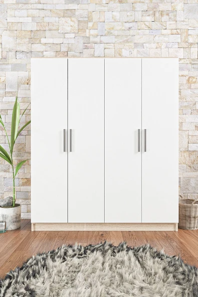 AEKA Ae-1059 Milano Beyaz Sonomo 4 Kapaklı Gardırop 11 Raflı 2 Askılıklı ürün görseli 1