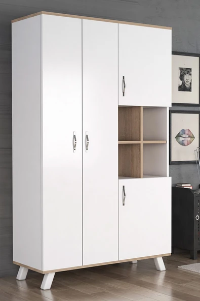 AEKA Ae-1065 Atlas 4 Kapaklı Çok Amaçlı Askılıklı Raflı Bölmeli Gardırop Beyaz Dolap ürün görseli 1