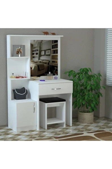 AEKA Ae-4002 Novella Puflu Aynalı Makyaj Masası, Dolaplı, Çekmeceli, Raflı, Beyaz, Minderli, Tuvalet ürün görseli 1