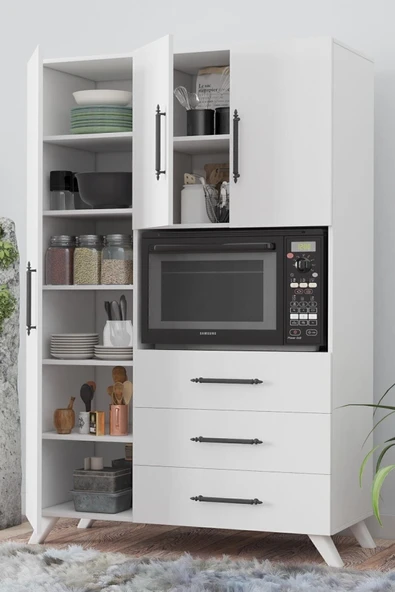 AEKA Ae-2074 Aras Beyaz Çok Amaçlı Mutfak Dolabı&banyo Dolabı, Kiler, 3 Kapaklı, 3 Çekmeceli, Fırın Bölme ürün görseli 1